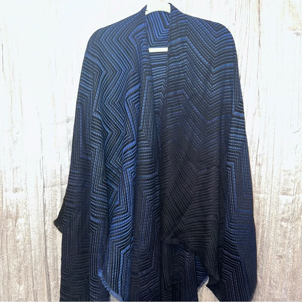 Missoni Italy Black + Blue Shawl Wrap Fringe Hem - Picture 2 of 8